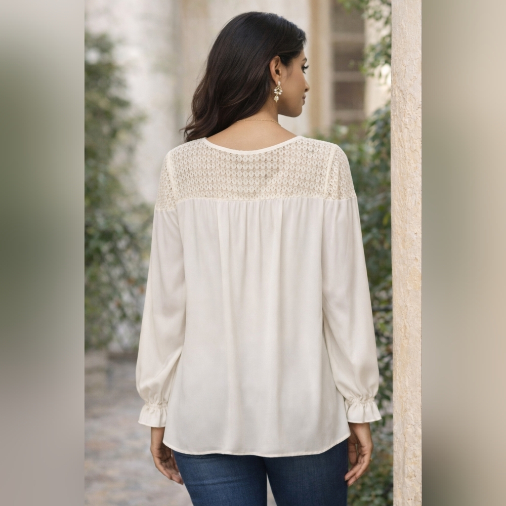 Boho Ivory Lace Yoke Peasant Blouse Tassel Tie Long Sleeve Size L Romantic Flowy - Picture 2 of 11